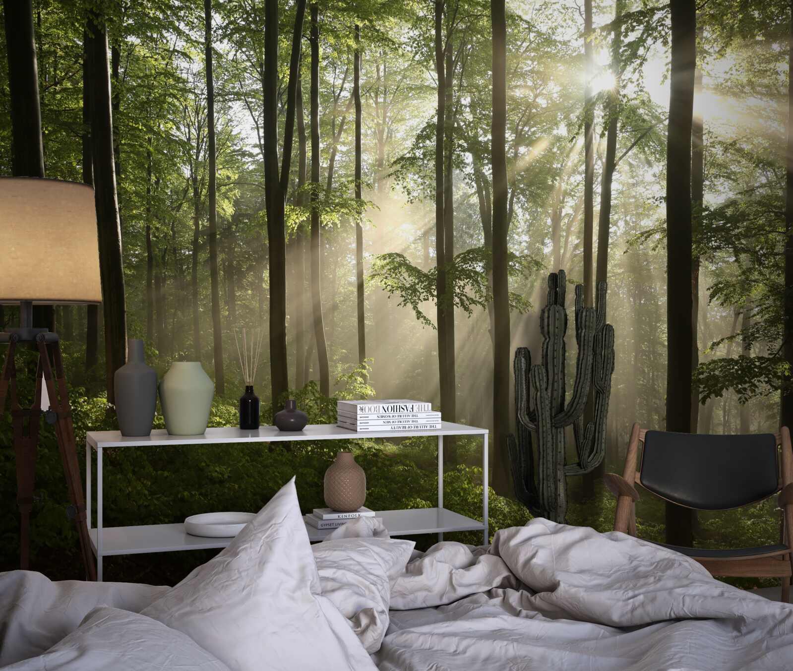 Фотошпалери сонячні промені проникають крізь туман у лісі