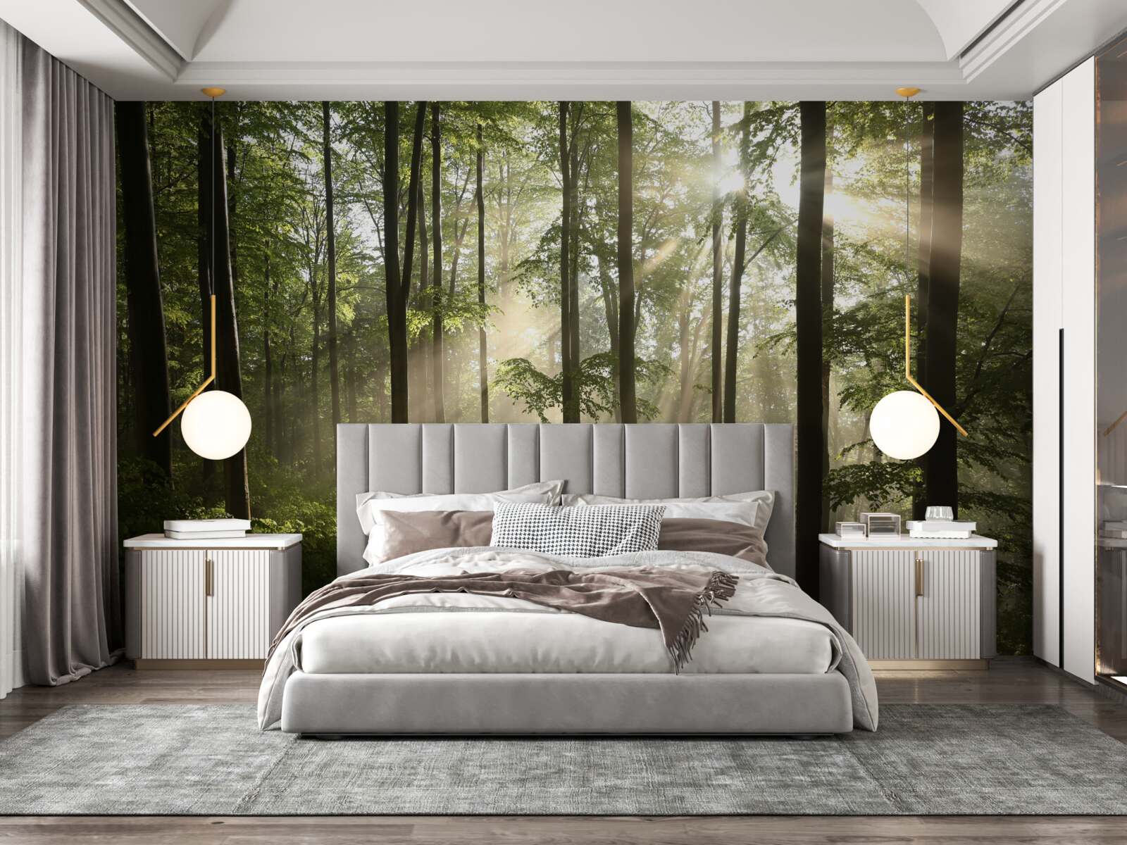 Фотошпалери сонячні промені проникають крізь туман у лісі