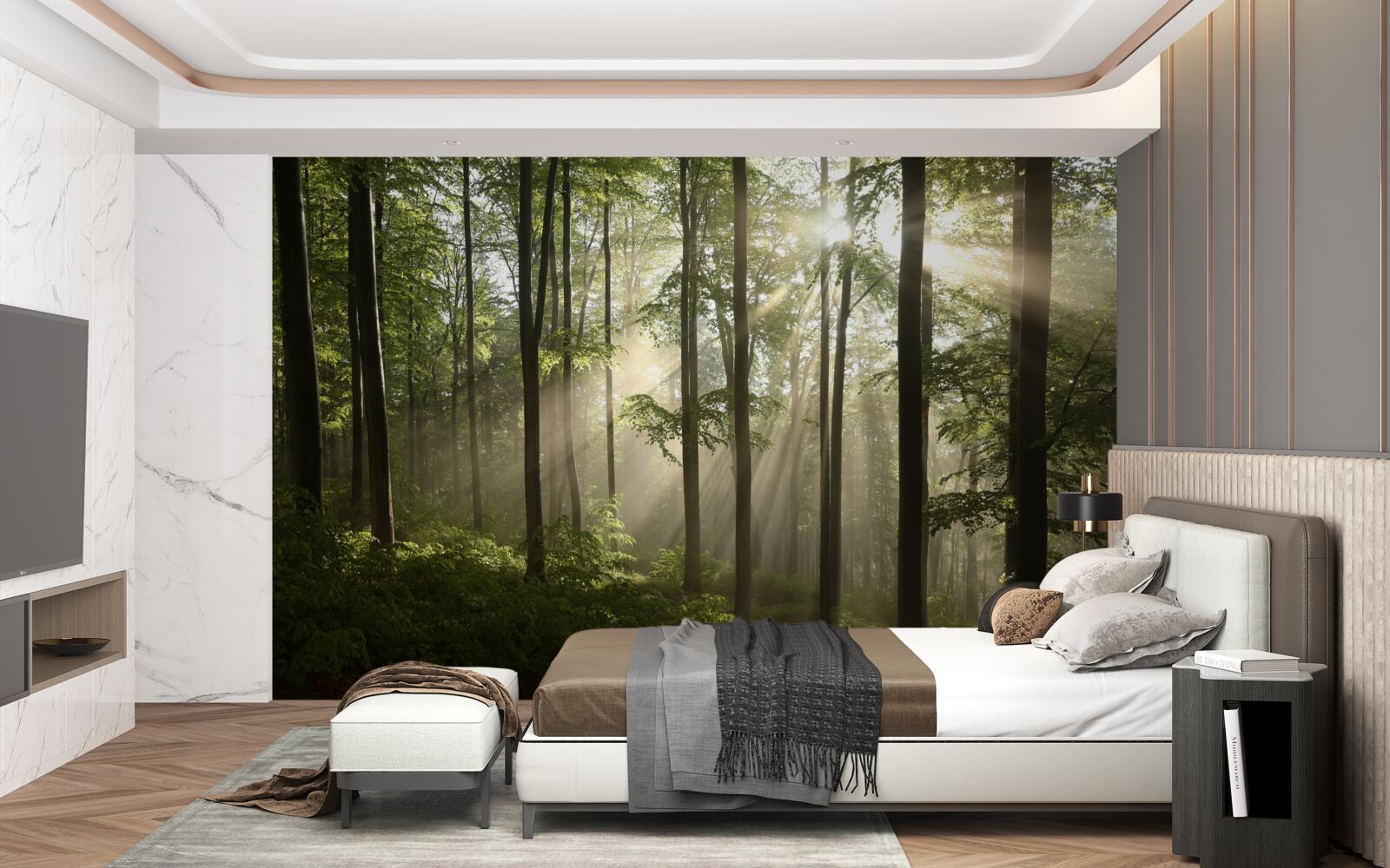 Фотошпалери сонячні промені проникають крізь туман у лісі