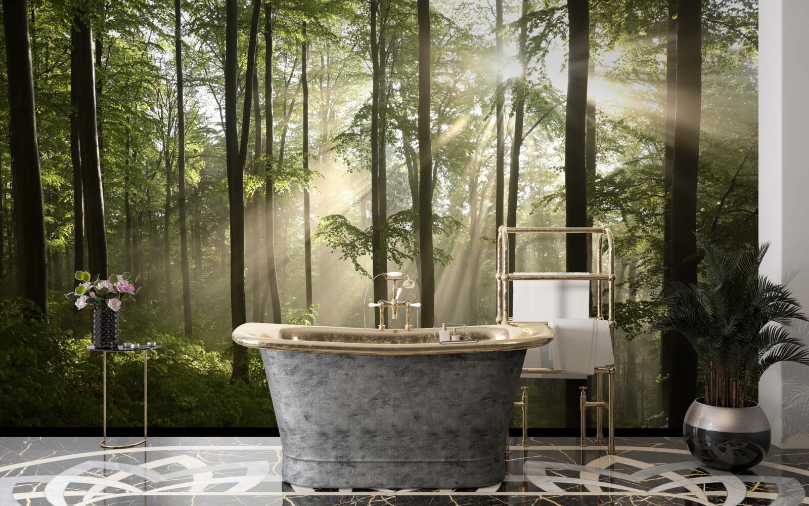 Фотошпалери сонячні промені проникають крізь туман у лісі