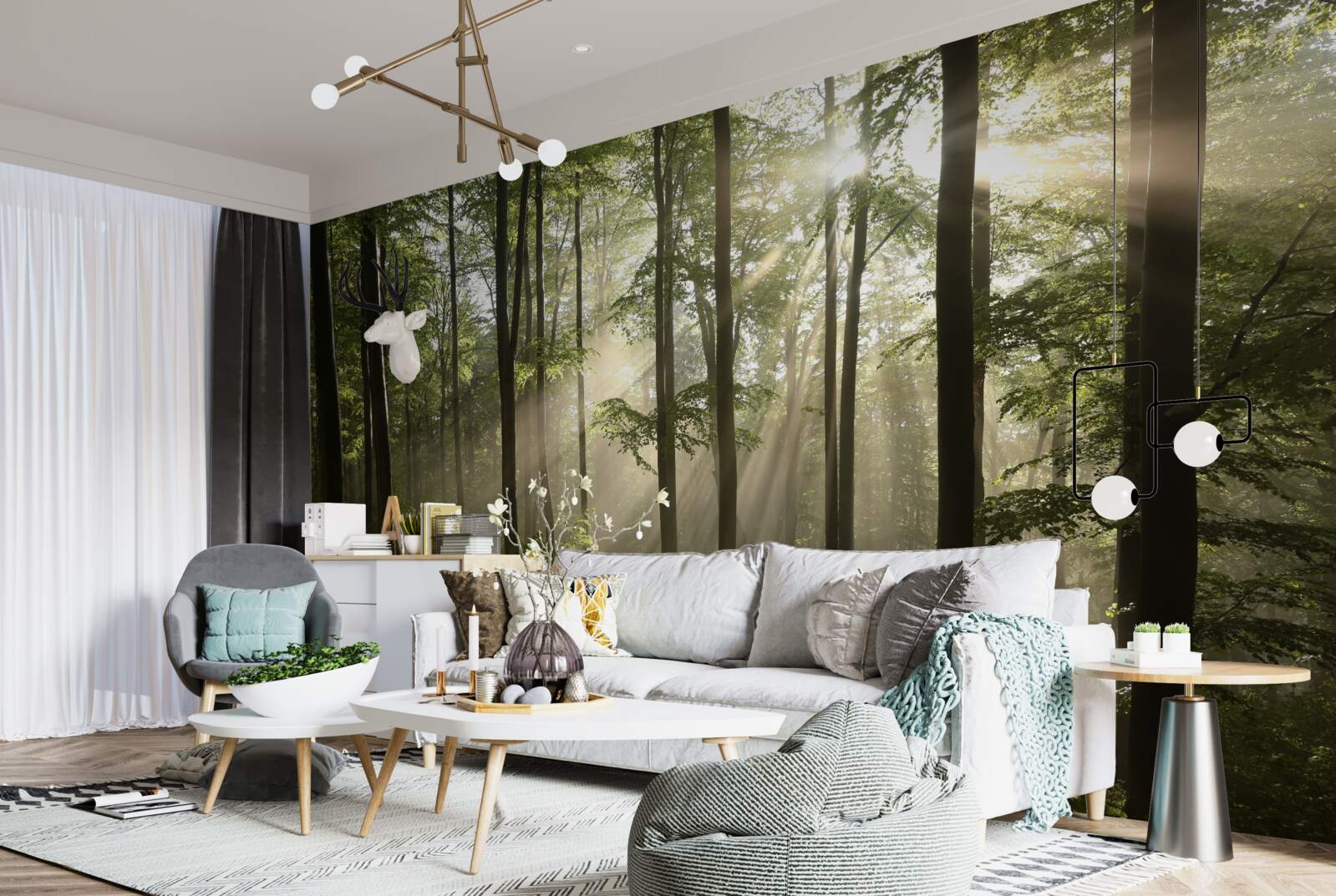 Фотошпалери сонячні промені проникають крізь туман у лісі