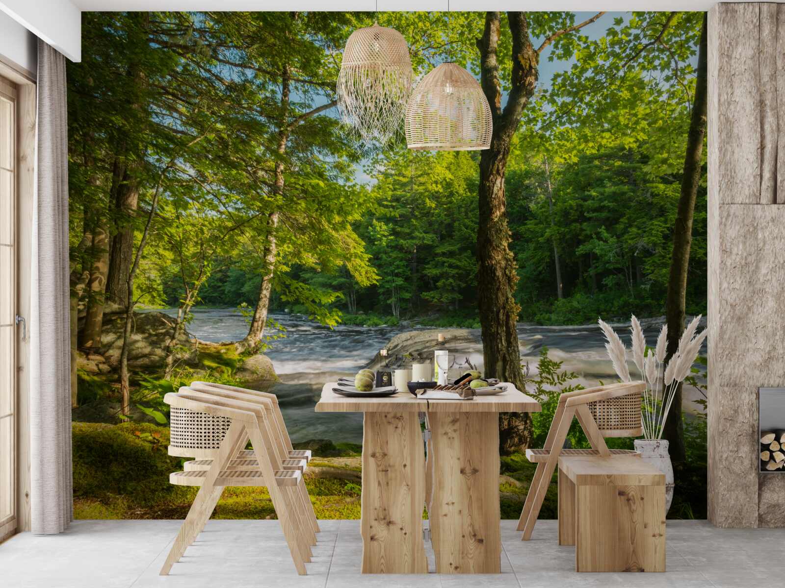 Фотошпалери галаслива річка в горах, що протікає крізь сонячний ліс