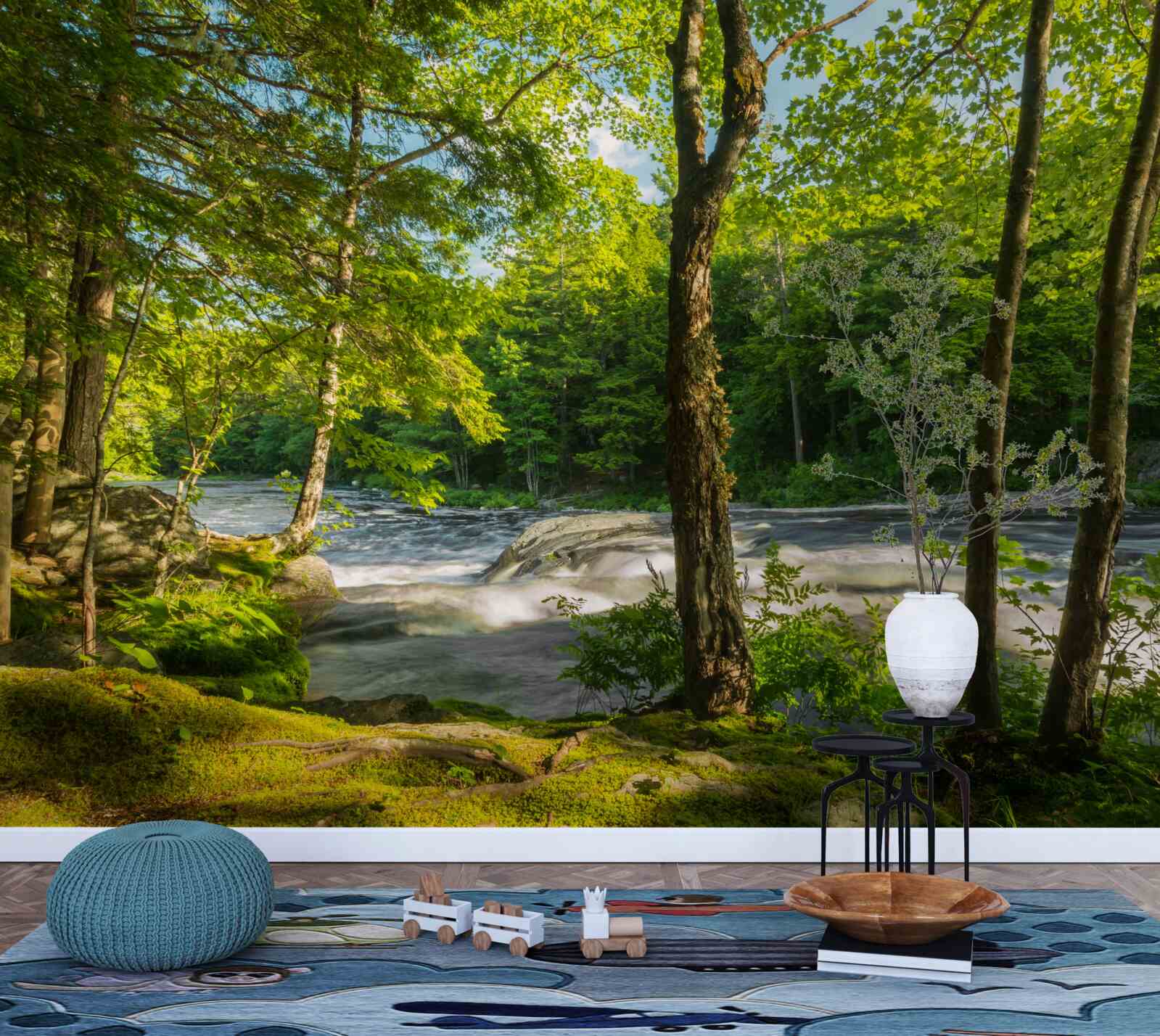 Фотошпалери галаслива річка в горах, що протікає крізь сонячний ліс