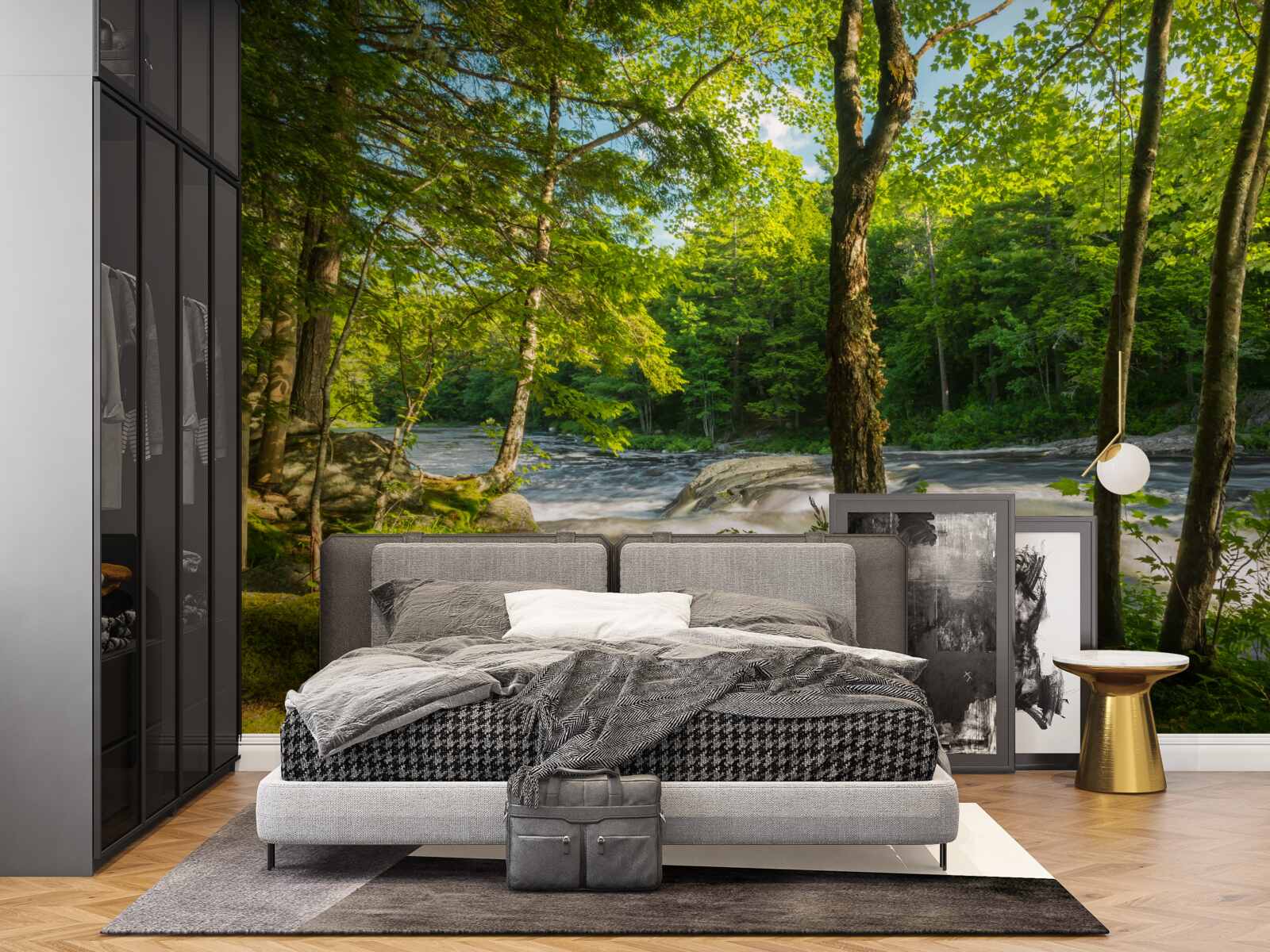 Фотошпалери галаслива річка в горах, що протікає крізь сонячний ліс