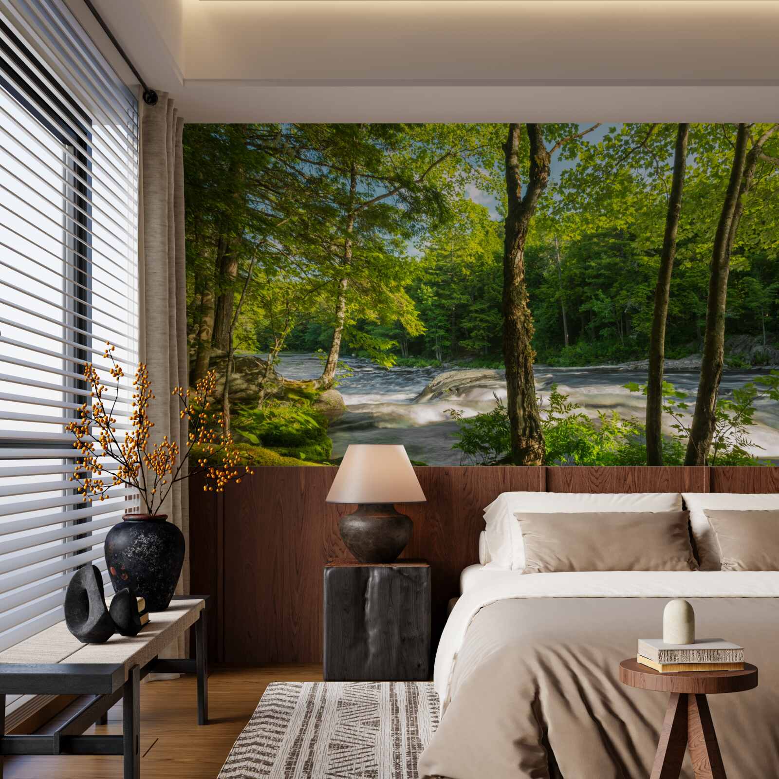 Фотошпалери галаслива річка в горах, що протікає крізь сонячний ліс