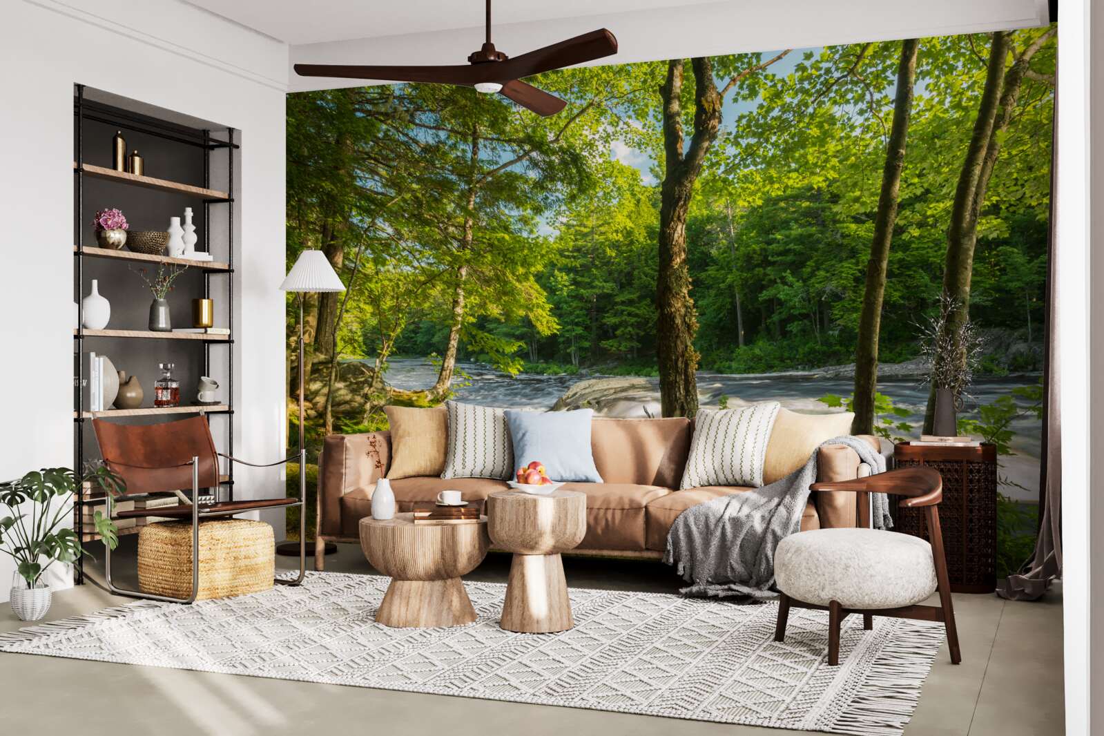 Фотошпалери галаслива річка в горах, що протікає крізь сонячний ліс