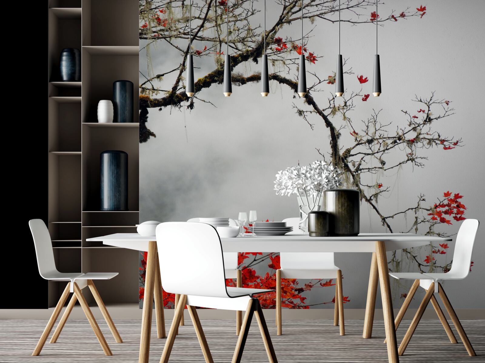 Фотошпалери гілка з листям в осінньому тумані