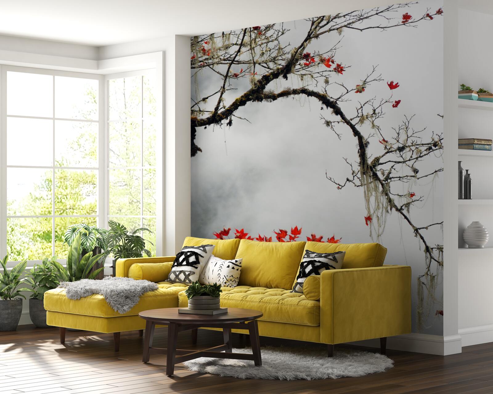 Фотошпалери гілка з листям в осінньому тумані