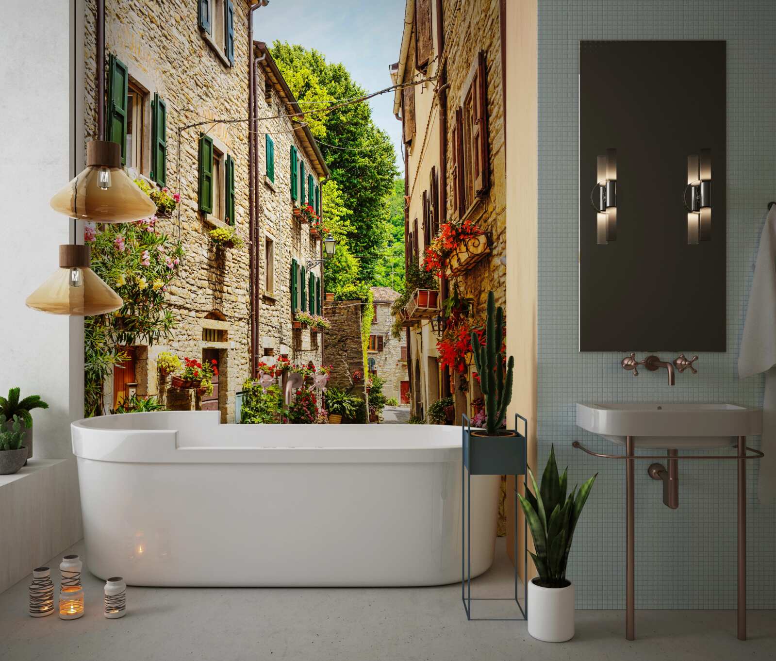 Фотошпалери набережна, оточена зеленню