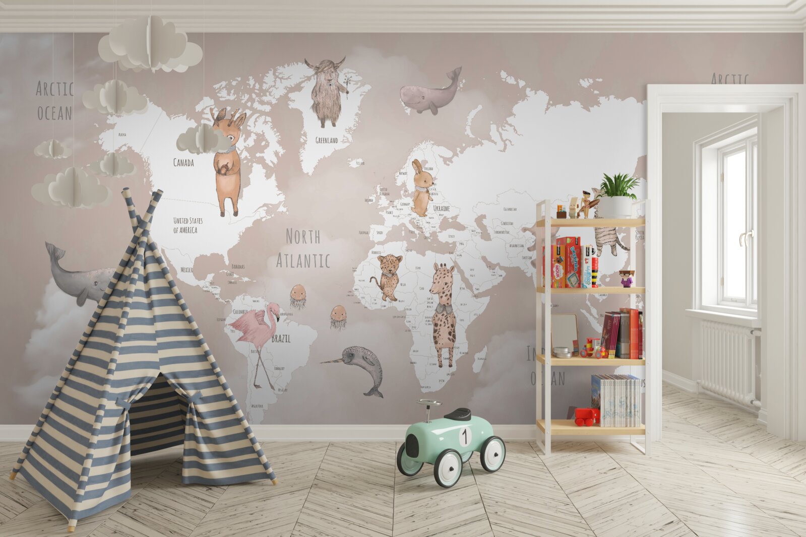 Фотошпалери карта світу із зображеннями тварин та літаків