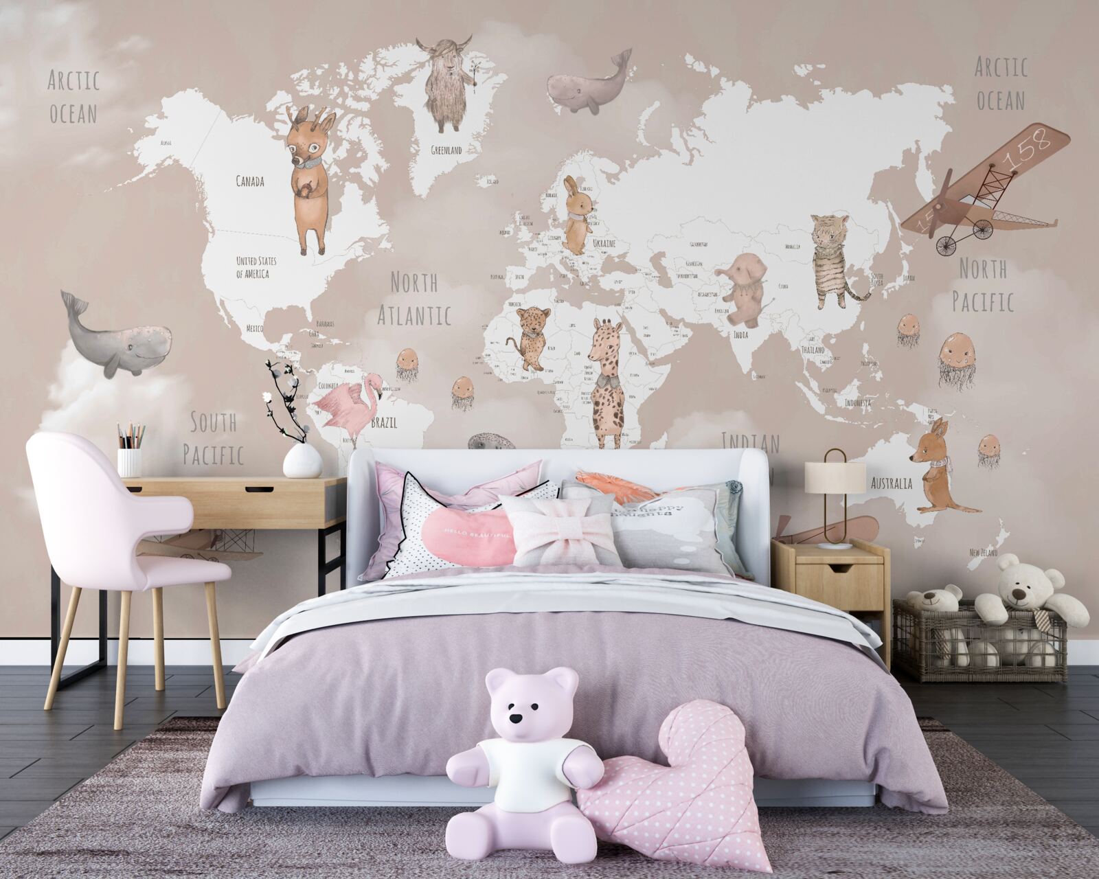 Фотошпалери карта світу із зображеннями тварин та літаків