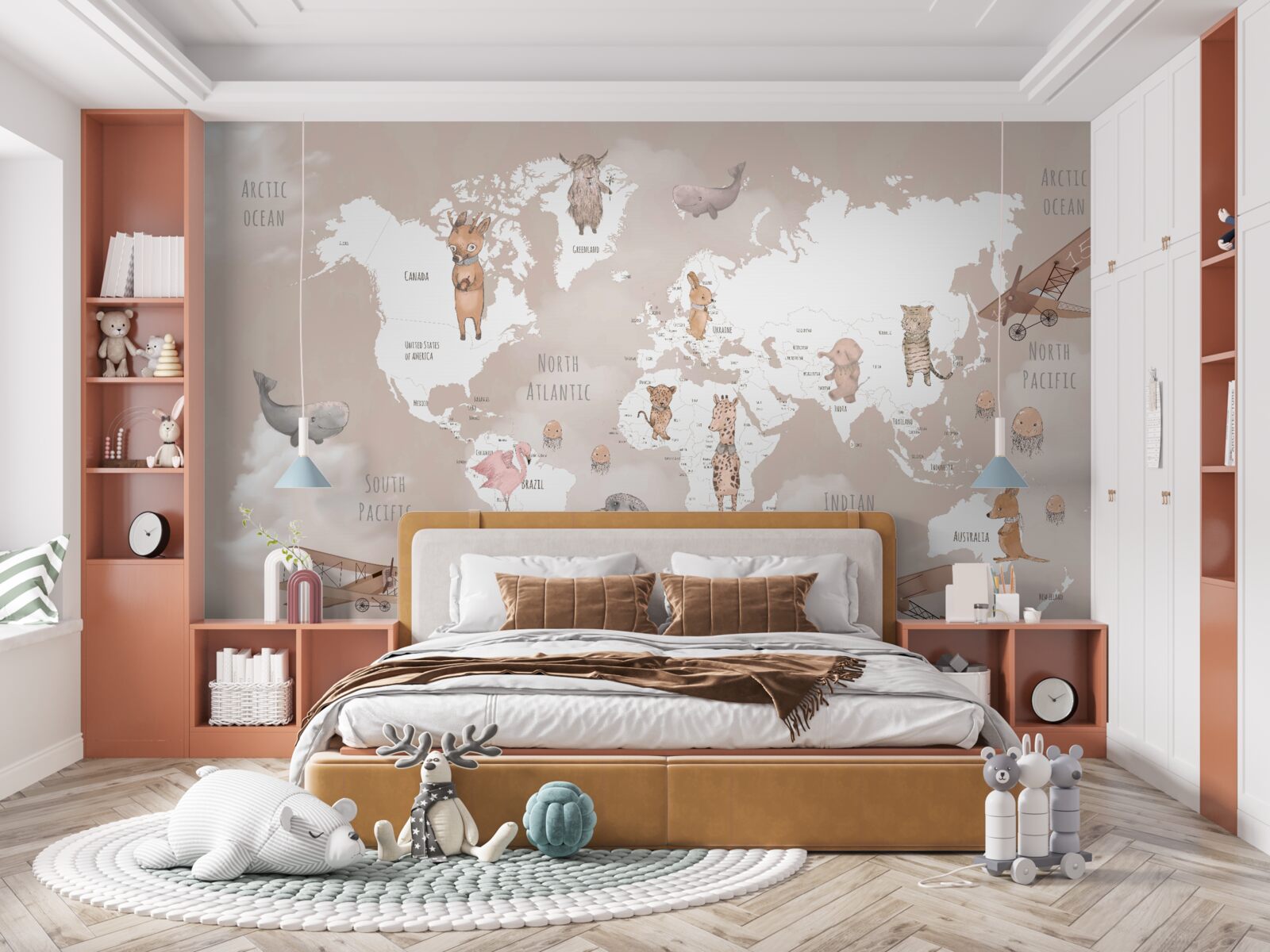 Фотошпалери карта світу із зображеннями тварин та літаків