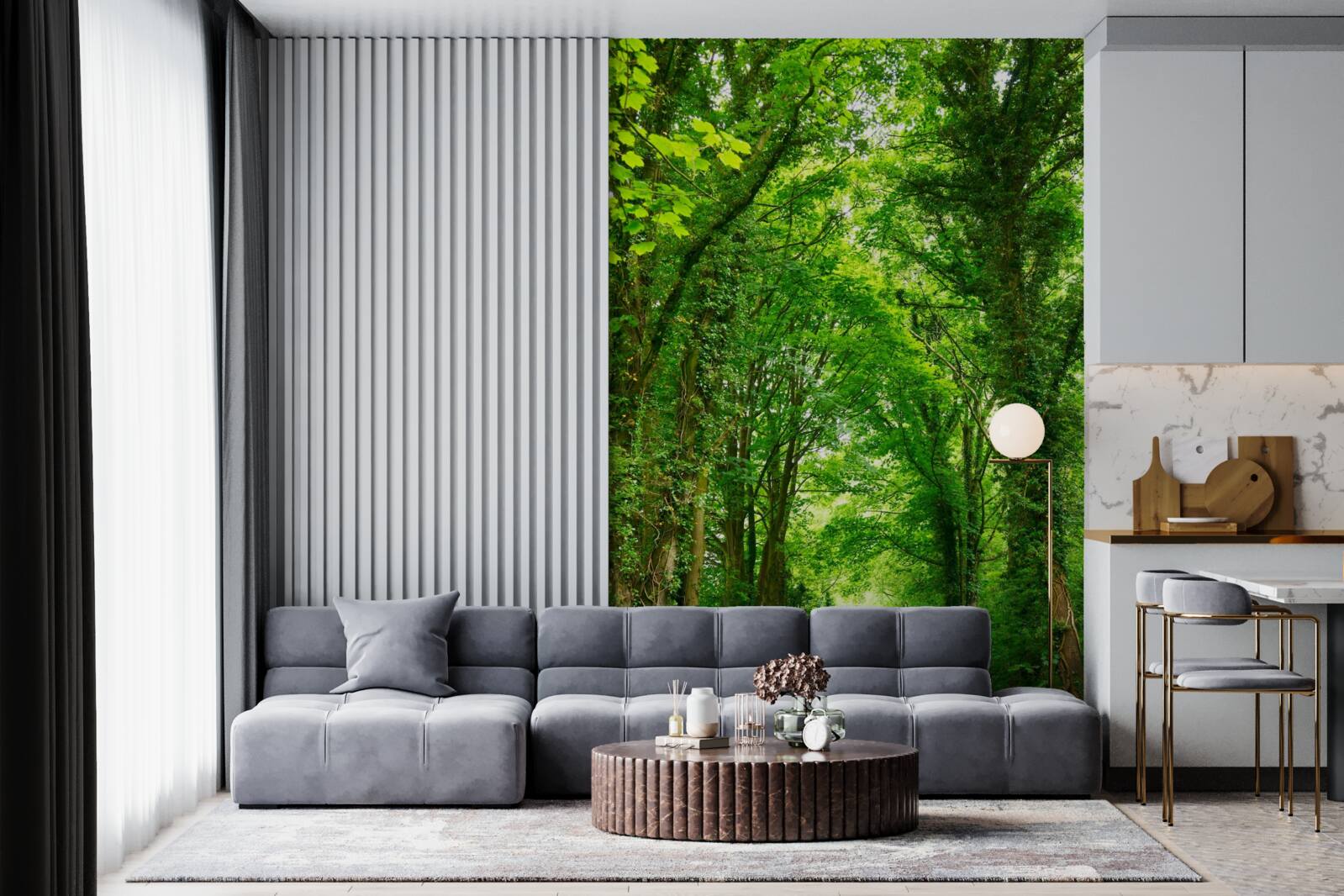 Фотошпалери над стежкою здіймаються арки зелених дерев