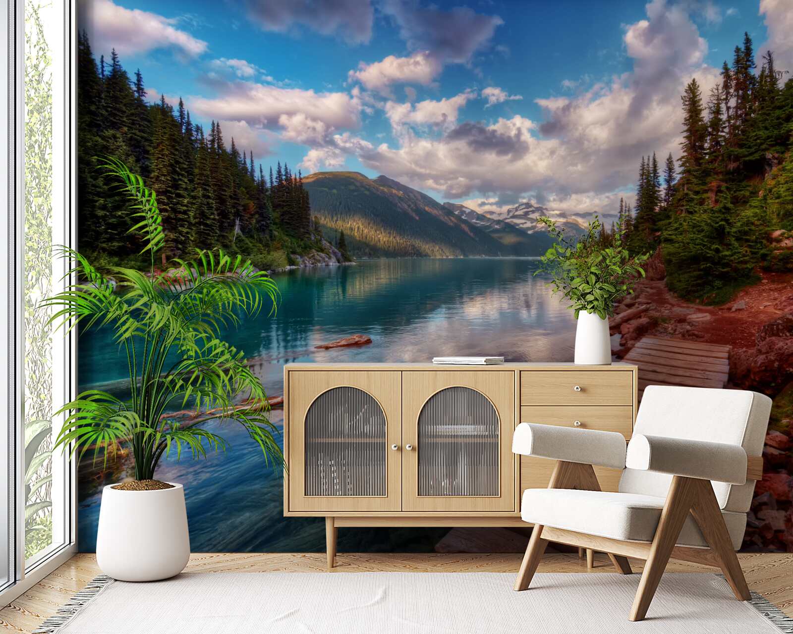 Фотошпалери міст, розташований у лісі біля гірської водойми