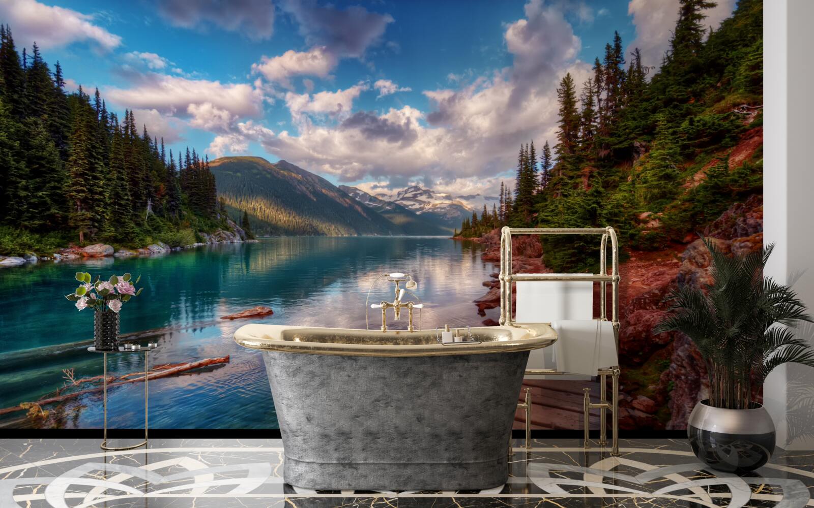 Фотошпалери міст, розташований у лісі біля гірської водойми