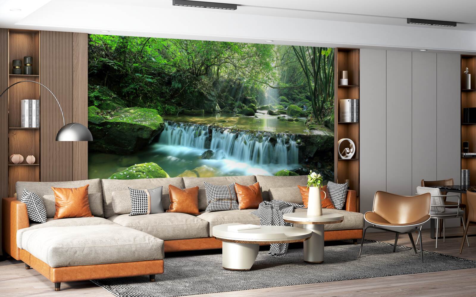 Фотошпалери водоспад шумно розливає широкі потоки серед зелені, осяяний сонячними променями