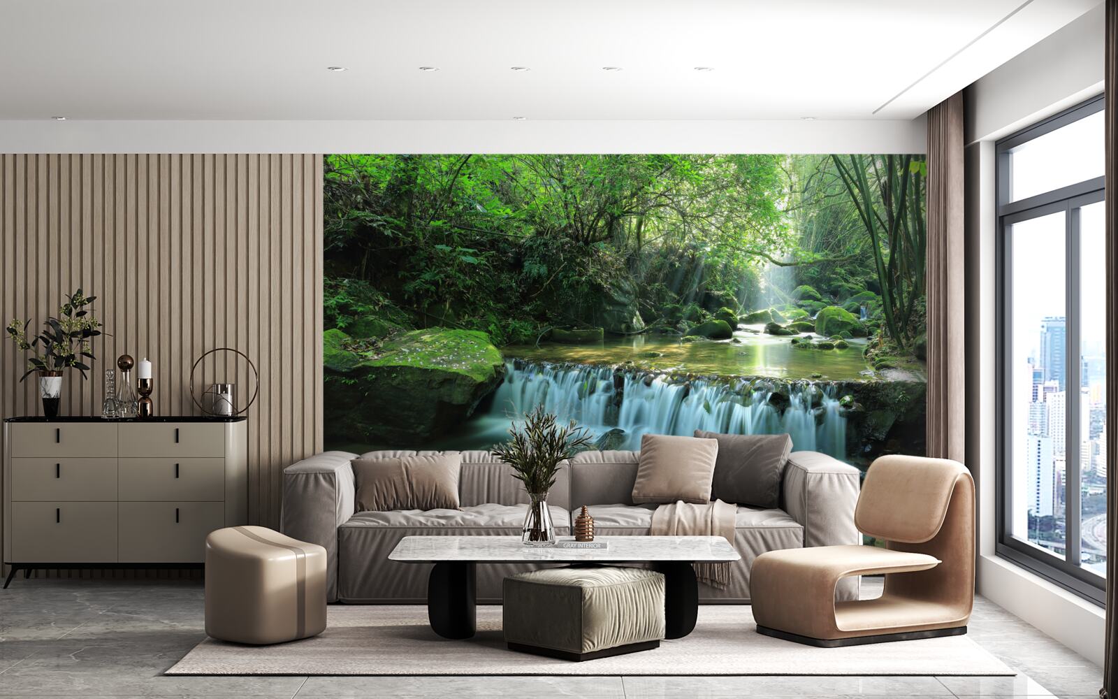 Фотошпалери водоспад шумно розливає широкі потоки серед зелені, осяяний сонячними променями