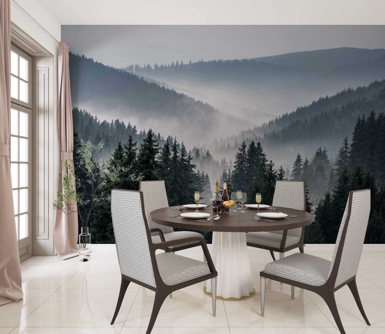 Фотошпалери хвойний гірський ліс ховається під покровом густого туману