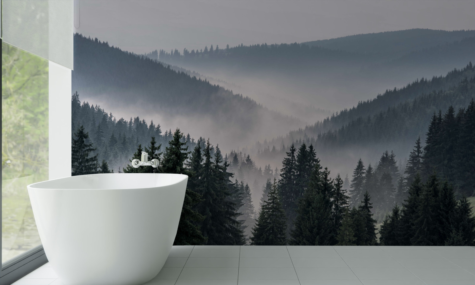 Фотошпалери хвойний гірський ліс ховається під покровом густого туману