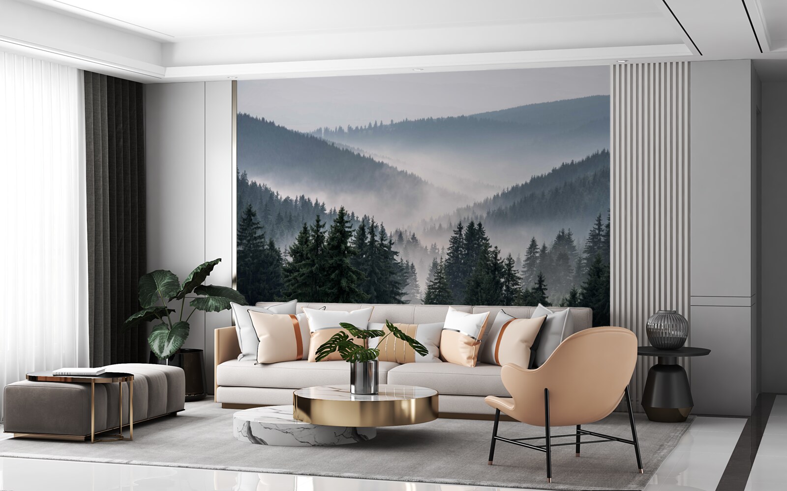 Фотошпалери хвойний гірський ліс ховається під покровом густого туману