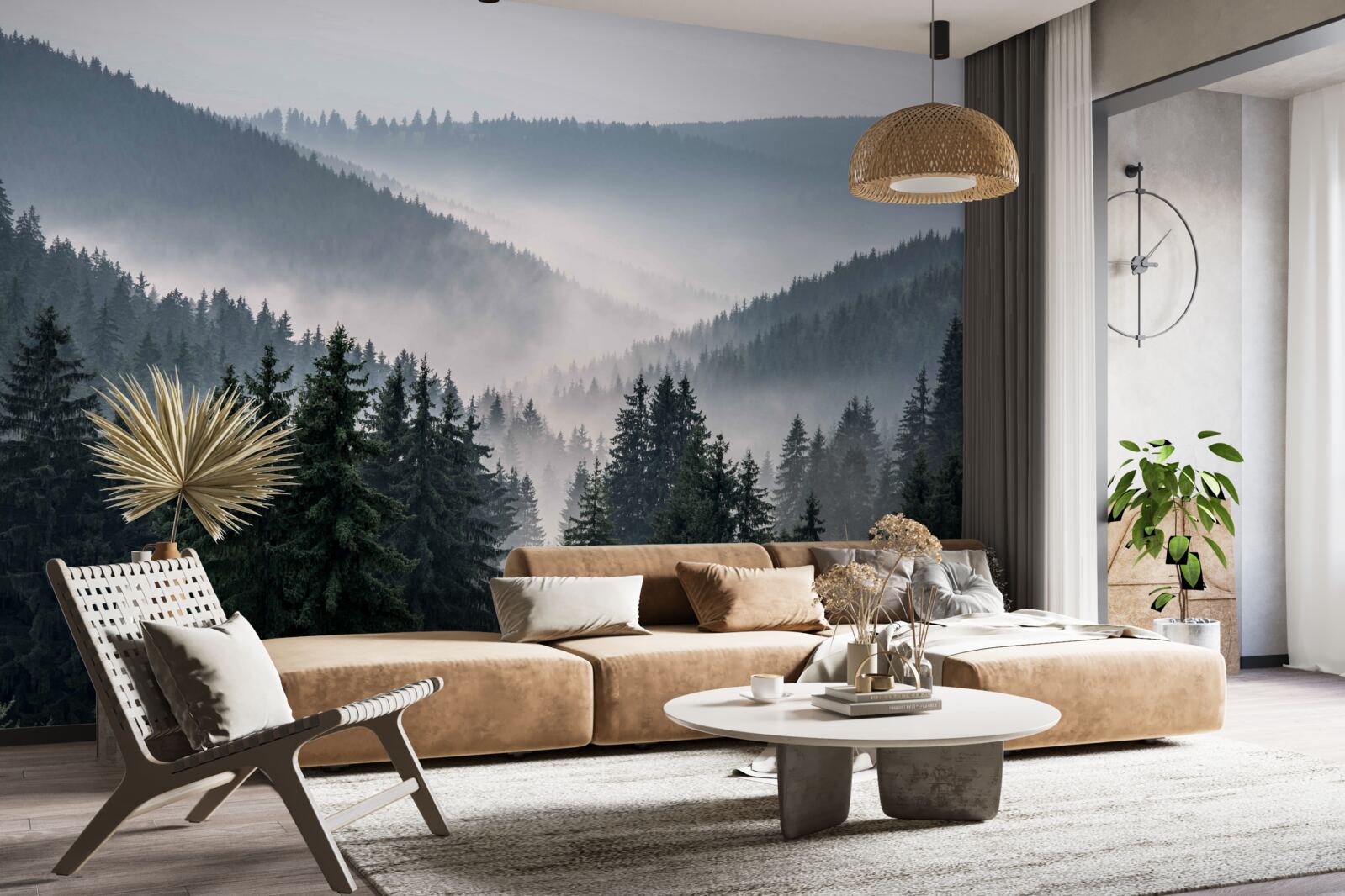 Фотошпалери хвойний гірський ліс ховається під покровом густого туману