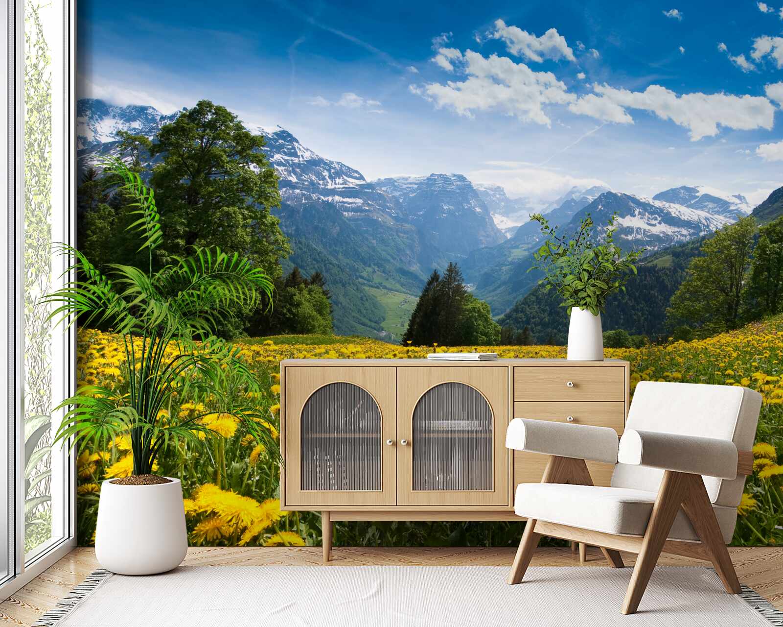 Фотошпалери гірський пейзаж з полем маку, прикрашеним жовтими кульбабами