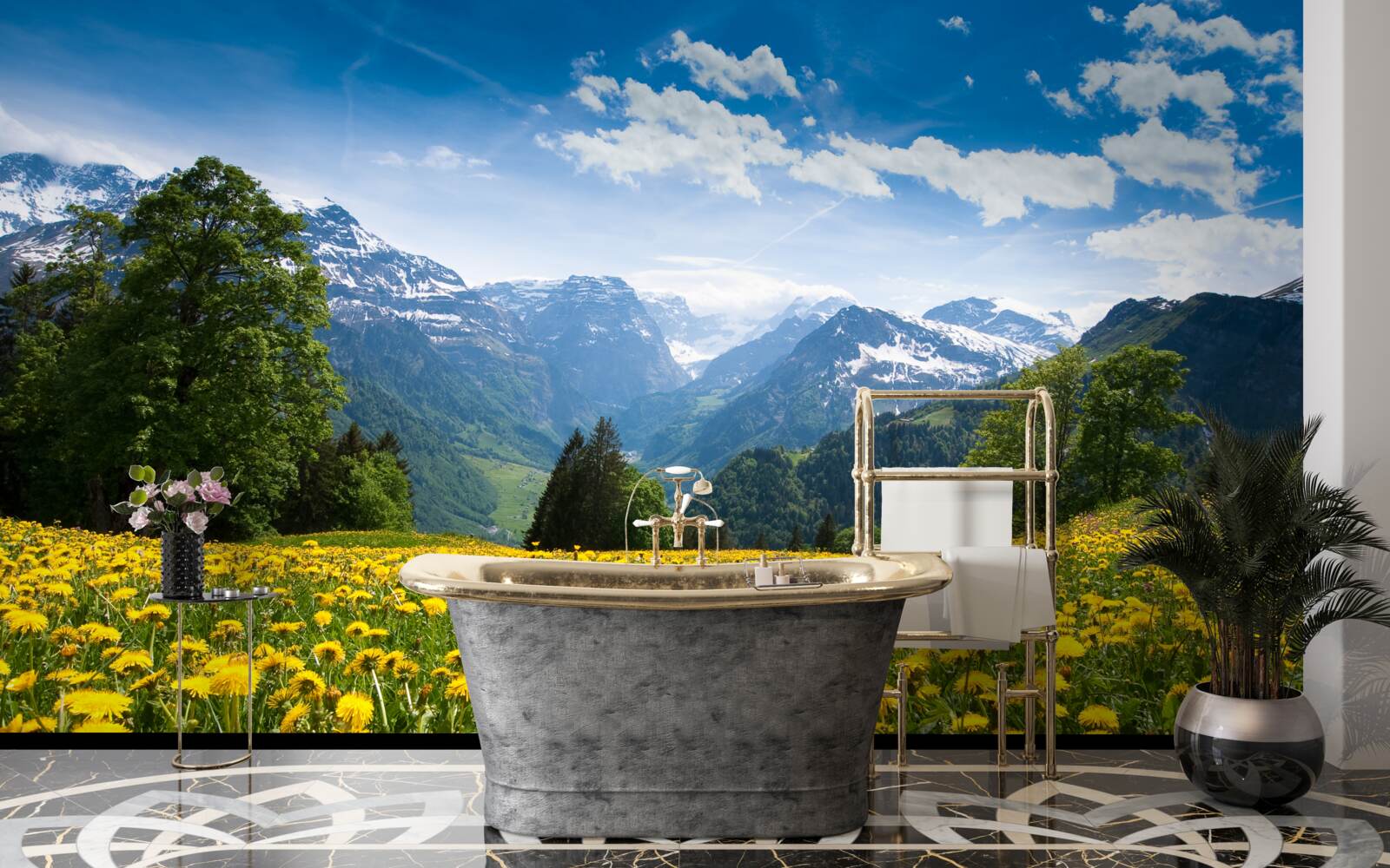 Фотошпалери гірський пейзаж з полем маку, прикрашеним жовтими кульбабами