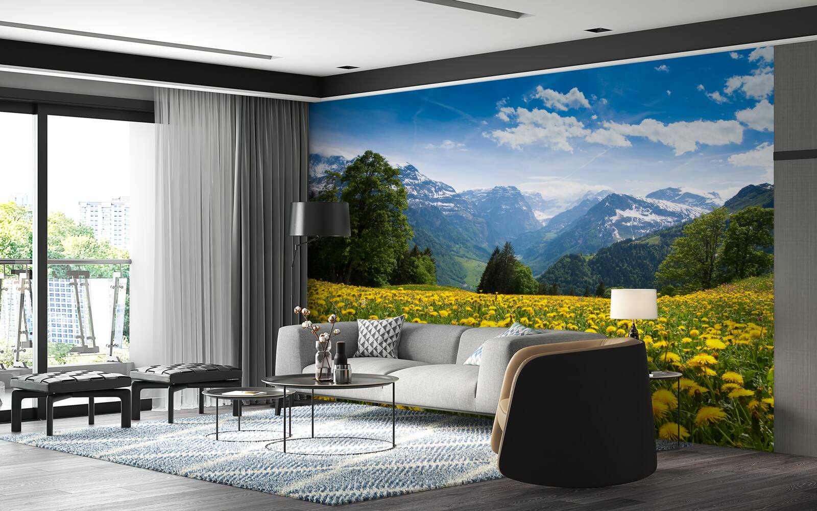 Фотошпалери гірський пейзаж з полем маку, прикрашеним жовтими кульбабами