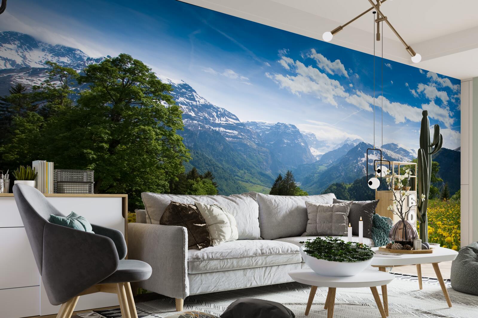 Фотошпалери гірський пейзаж з полем маку, прикрашеним жовтими кульбабами