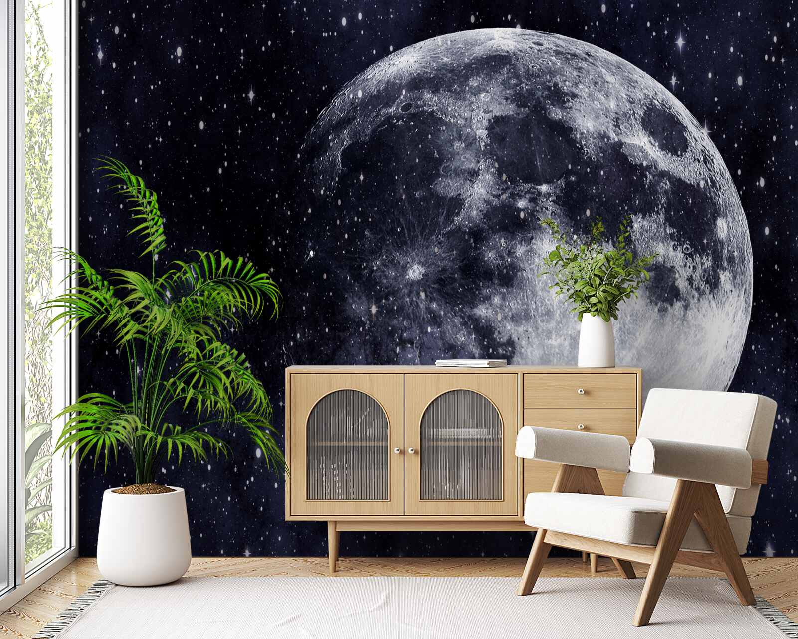 Фотошпалери серед зірок видно велике зображення Місяця