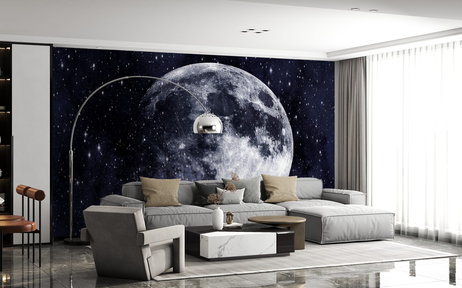 Фотошпалери серед зірок видно велике зображення Місяця