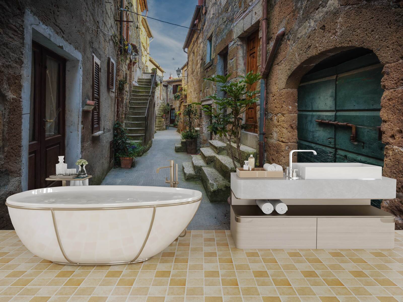 Фотошпалери історична вулиця з каменю в сутінках