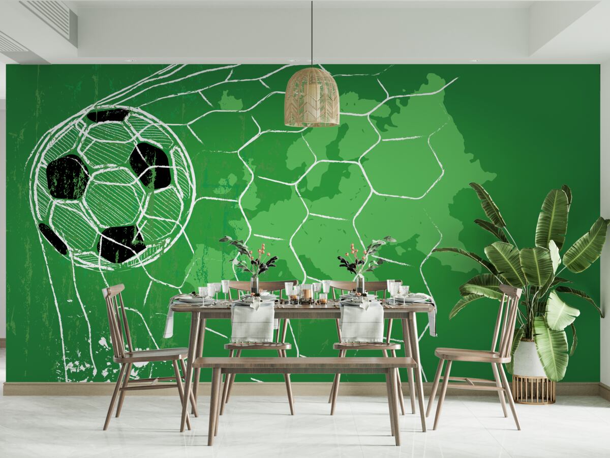 Фотошпалери контур футбольного м'яча та сітки, що виділяється на зеленому тлі