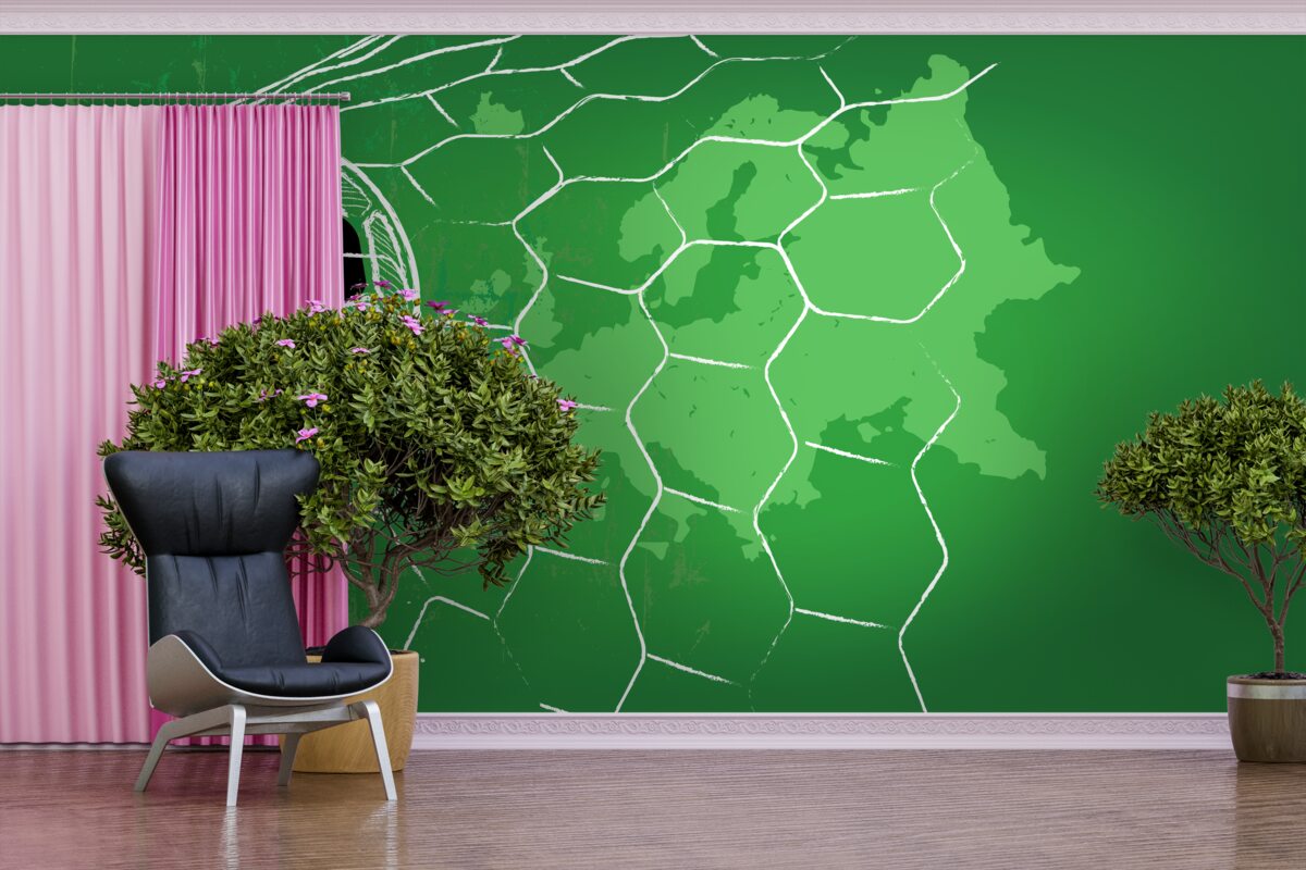 Фотошпалери контур футбольного м'яча та сітки, що виділяється на зеленому тлі