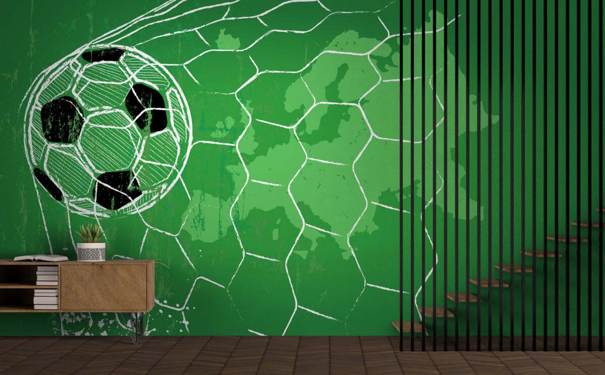 Фотошпалери контур футбольного м'яча та сітки, що виділяється на зеленому тлі