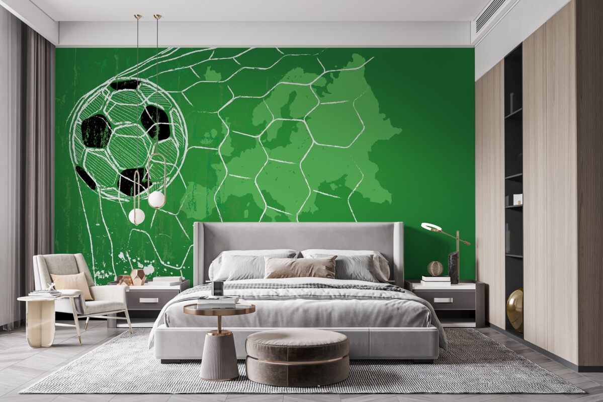 Фотошпалери контур футбольного м'яча та сітки, що виділяється на зеленому тлі