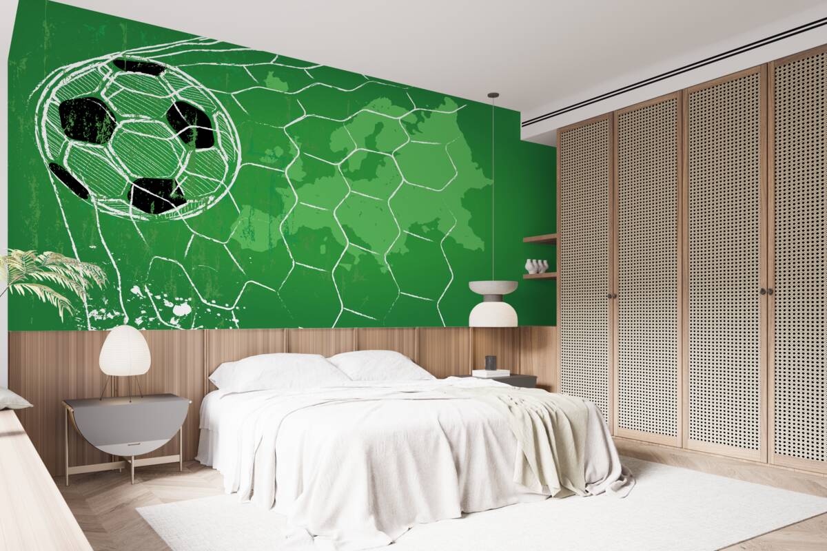 Фотошпалери контур футбольного м'яча та сітки, що виділяється на зеленому тлі