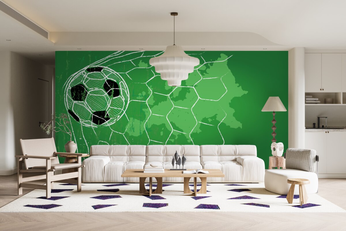 Фотошпалери контур футбольного м'яча та сітки, що виділяється на зеленому тлі