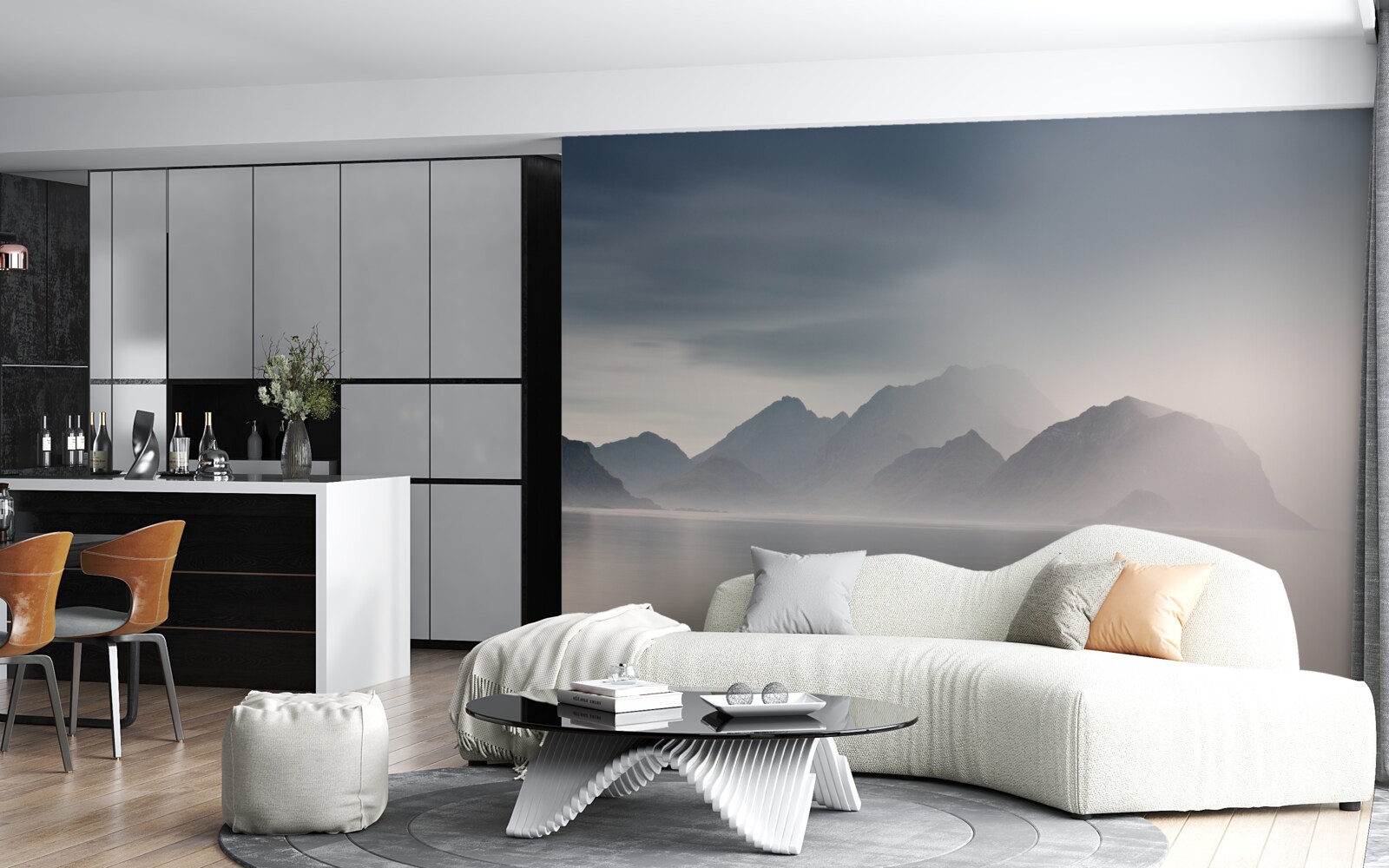 Фотошпалери густий туман опускається на води, що ведуть до гір