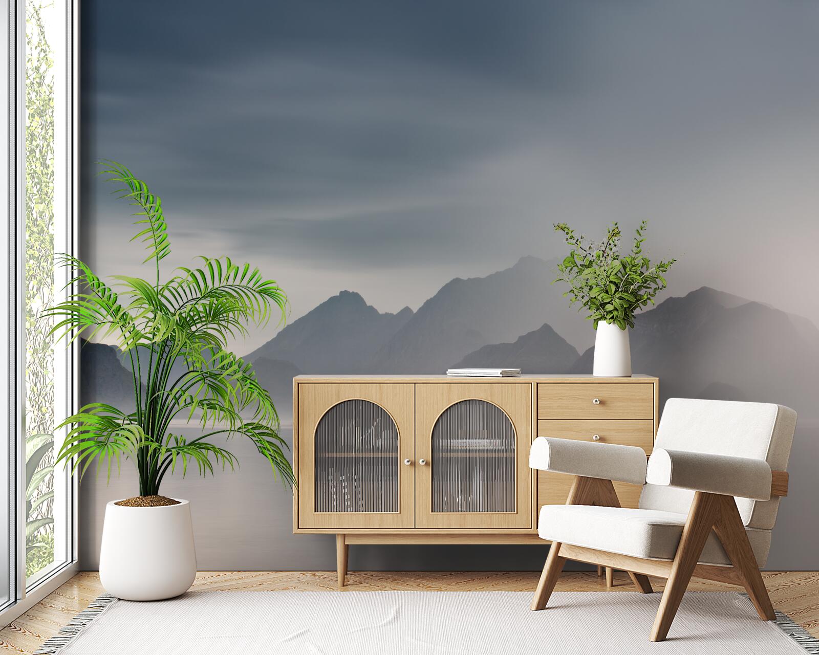 Фотошпалери густий туман опускається на води, що ведуть до гір