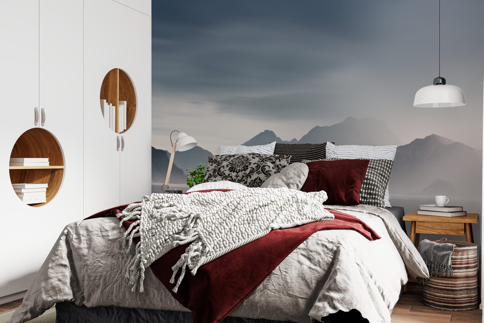 Фотошпалери густий туман опускається на води, що ведуть до гір