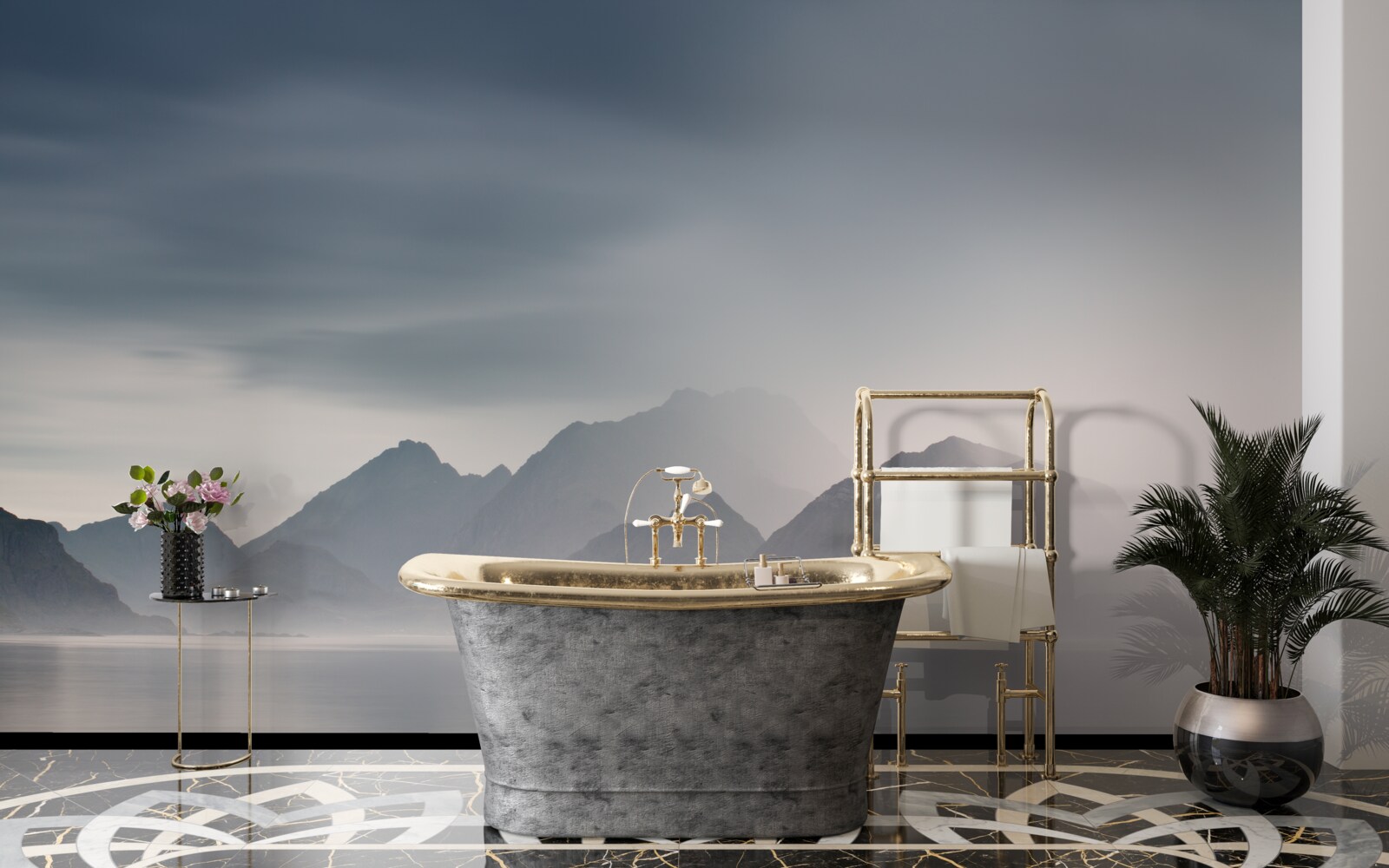 Фотошпалери густий туман опускається на води, що ведуть до гір