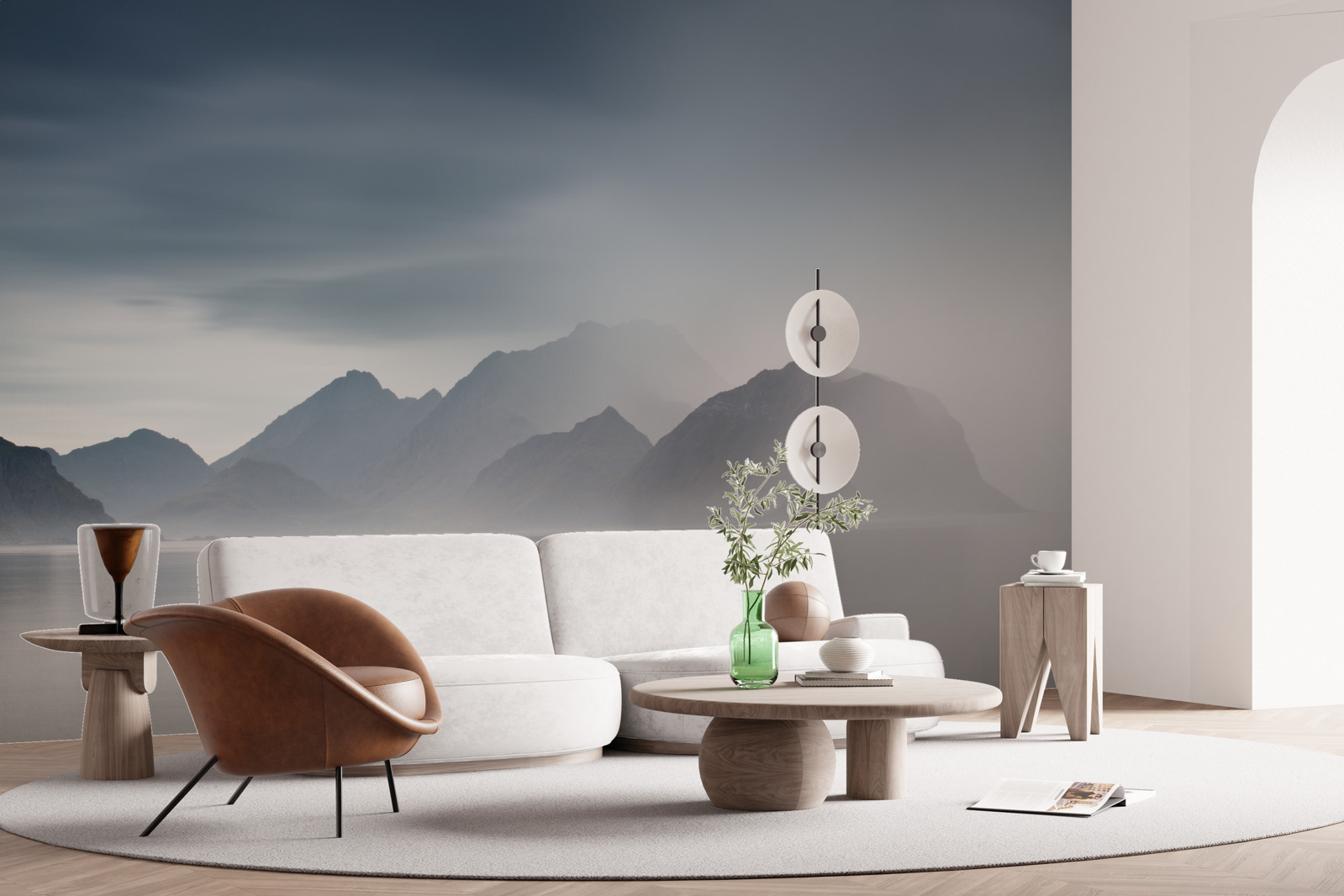 Фотошпалери густий туман опускається на води, що ведуть до гір