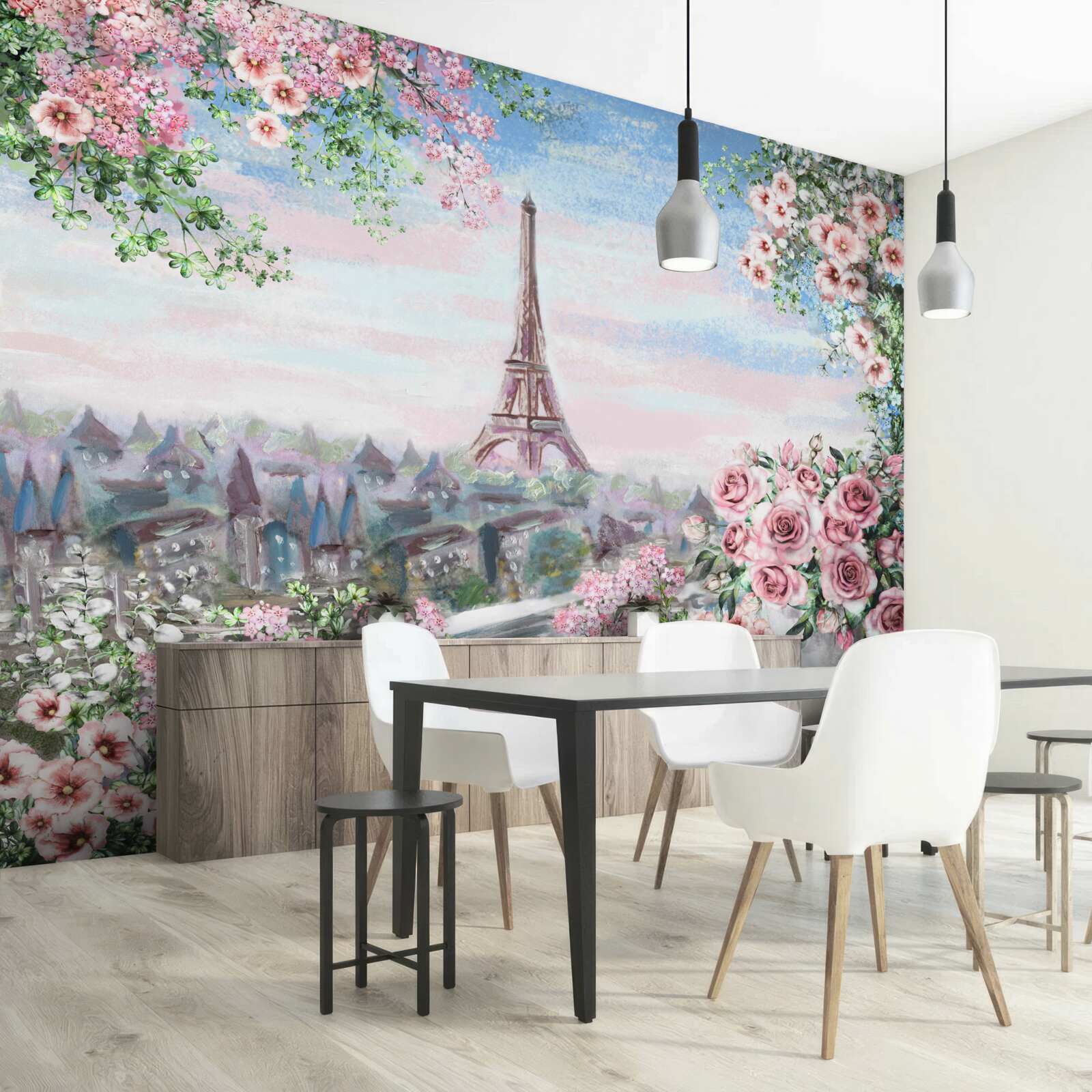 Фотошпалери рожеві квіти в саду навпроти Ейфелевої вежі