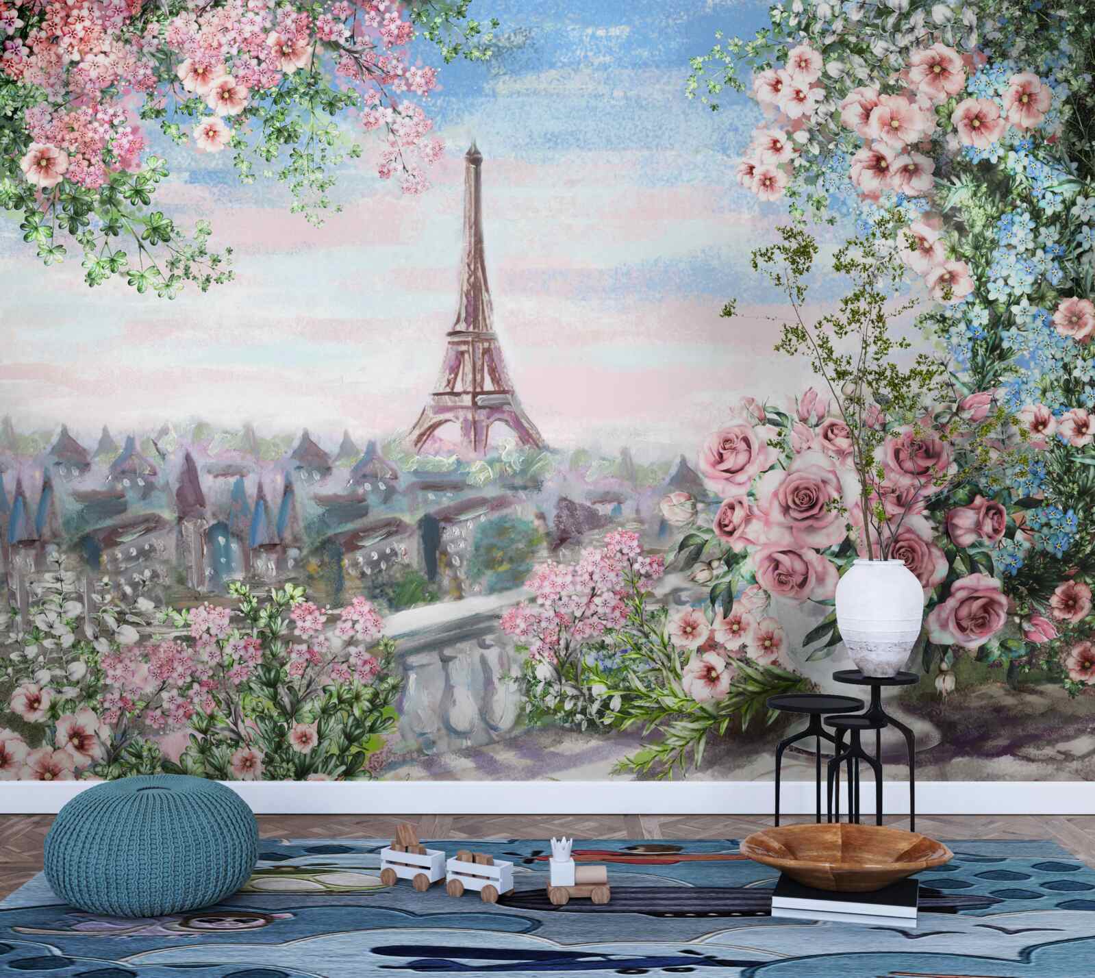Фотошпалери рожеві квіти в саду навпроти Ейфелевої вежі