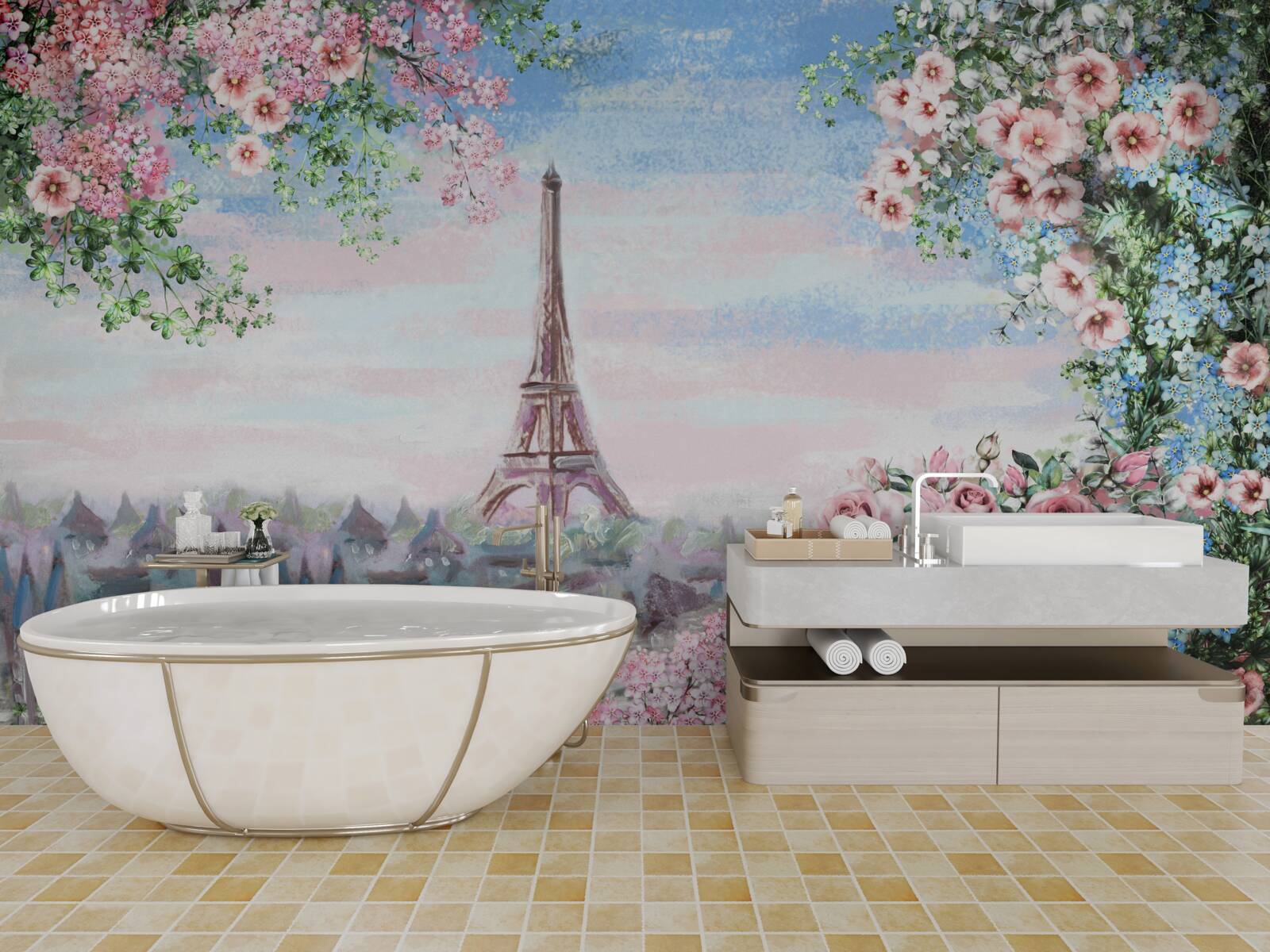 Фотошпалери рожеві квіти в саду навпроти Ейфелевої вежі