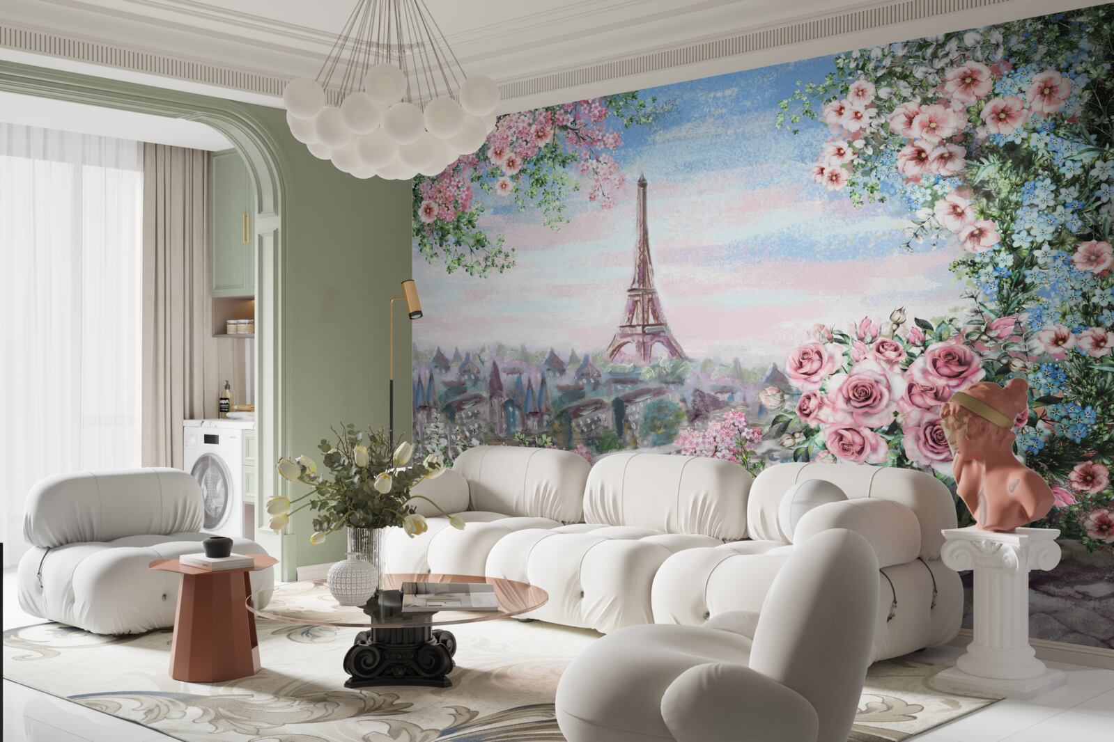 Фотошпалери рожеві квіти в саду навпроти Ейфелевої вежі