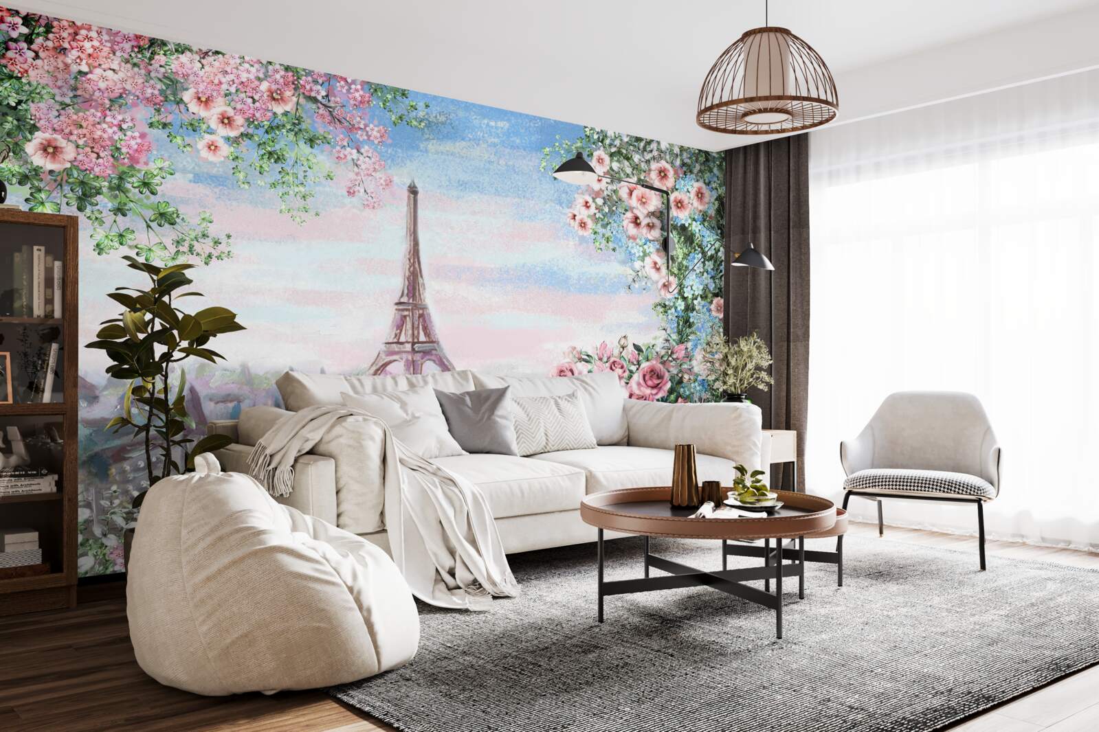 Фотошпалери рожеві квіти в саду навпроти Ейфелевої вежі
