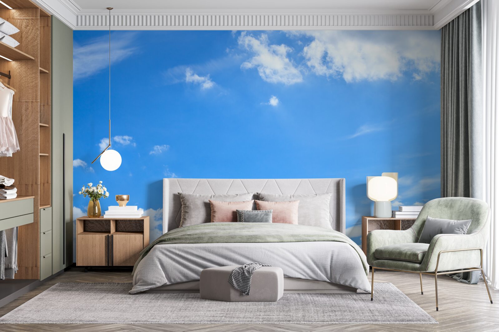 Фотошпалери небесна блакить з білосніжними хмарами