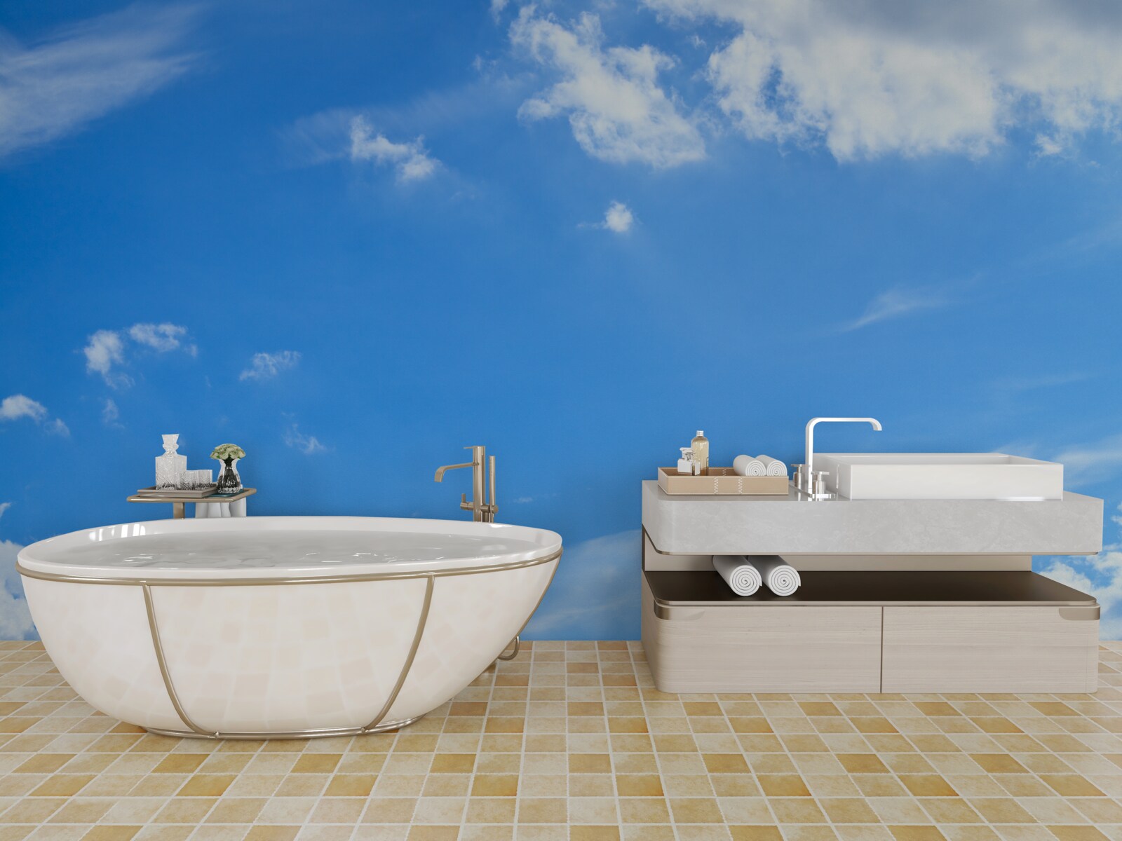 Фотошпалери небесна блакить з білосніжними хмарами